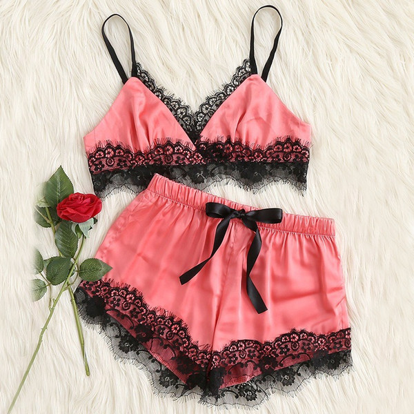 Sexy Sleeveless Strap Nightwear Lace Cami Top Pajama Sets Sexy Lingerie Intimate Women Sleepwear