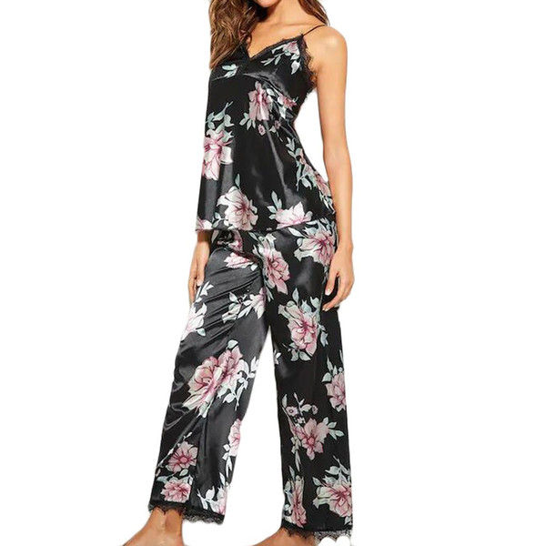 Pajamas Women Silk Satin Printed Lace Pajamas V-Neck Trousers Set Sleepwear Sleeveless trousers pijama mujer invierno clothing