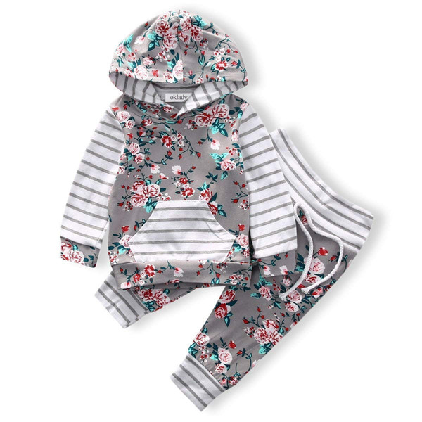 Baby Girls Long Sleeve Flowers Hoodie Tops and Pants Outfit with Kangaroo Pocket Headband