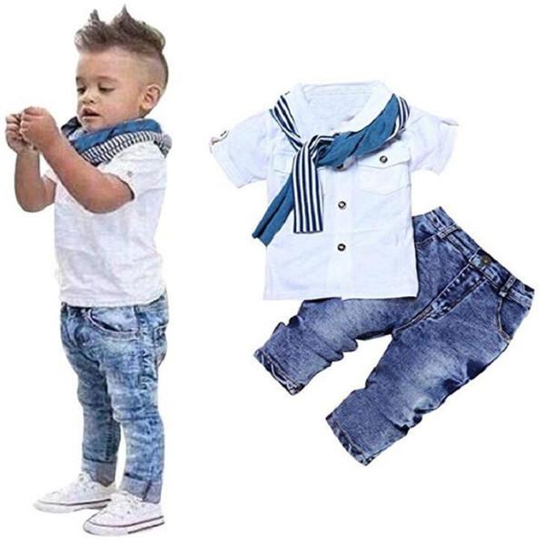 3 piece sets for kids boys shirt sleeve denim jeans for boys Casual Short Sleeved Shirt Denim Jeans Pants Scarf Outfits Summer home clothing
