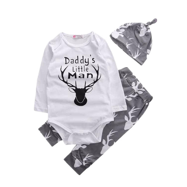 Baby Boys Long Sleeve Letters Deer Romper Bodysuit Pants Hat Outfit Clothes Set