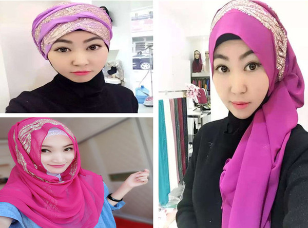 Designer Muslim Hijab Scarf Turban With Hot Fix Rhiestone For Women Girl 75*180CM Luxury Chiffon Head Scarf Wholesale