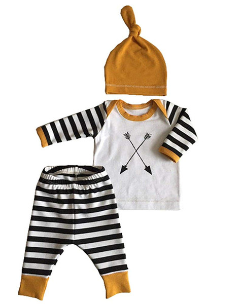 3Pcs/Set Newborn Baby Girl Boy Striped Long Sleeve Tops Pant Hat Outfits Clothes