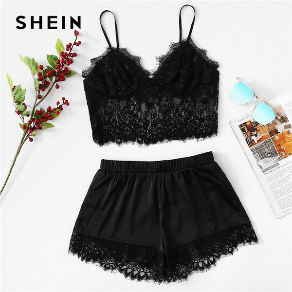 SHEIN Black Sexy Basics Solid Sheer Eyelash Lace Cami Top And Satin Shorts PJ Set Summer Casual Women Nightwear Sleepwear