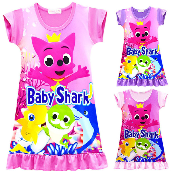 Wholesale 3 Color Girls Baby Shark Dress New Children Lovely Cartoon Pinkfong Short Sleeve Pajamas Dress Baby Summer Night Skirt Clothes