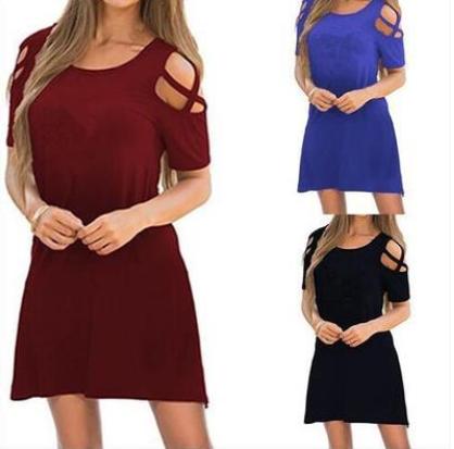 Round neck plain short sleeved strapless ladies dress in stock