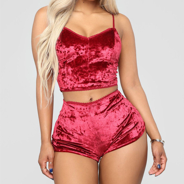Summer Velvet Pajamas for Women Set Sexy Pink Red Silk Satin Pijama Robe Nightwear Sexy Lingerie Pj Sets Women Sleepwear