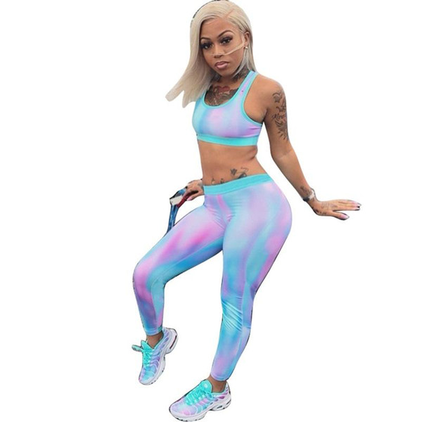 Gradation Sports Suit Two Piece One Set Blue Color Printing Resilience Fashion Vest And Pant Ladies Home Clothing
