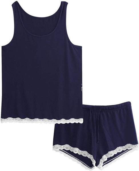 Lace Splice Vest Shorts Suit Female Pajamas Two Piece Set High Quality Round Collar Cotton Quick Drying Gray