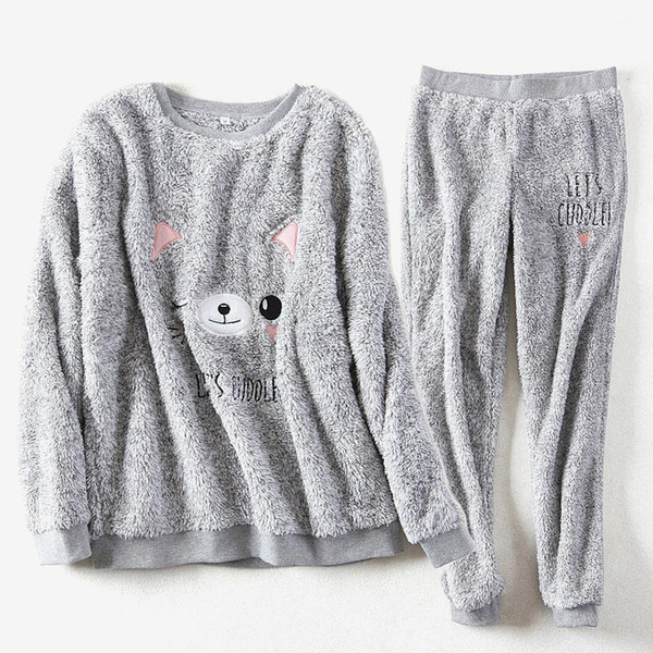 Women's Coral Velvet Cartoon Embroidery Pajamas Long Sleeve Thicken Warm Female Tops Trousers 2018 Autumn Winter Flannel Nightie