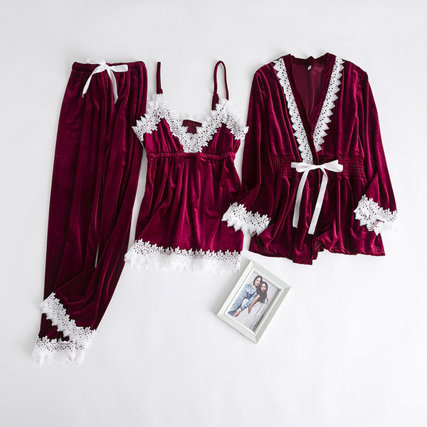 2019 New Home Wear Sexy Women Lace Long Sleeve Nightwear Negligee Comfortable Velvet 3PCS Strap&Robe&Pant Set Pajamas Suit M-XL