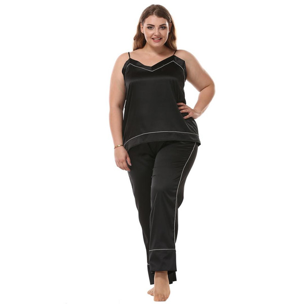 OVERSIZE Women Sexy Pajamas Suit Fashion Strap+Pant 2PCS Home Clothing Solid V-Neck Sleepwear Casual Satin Nightwear Pyjamas Set
