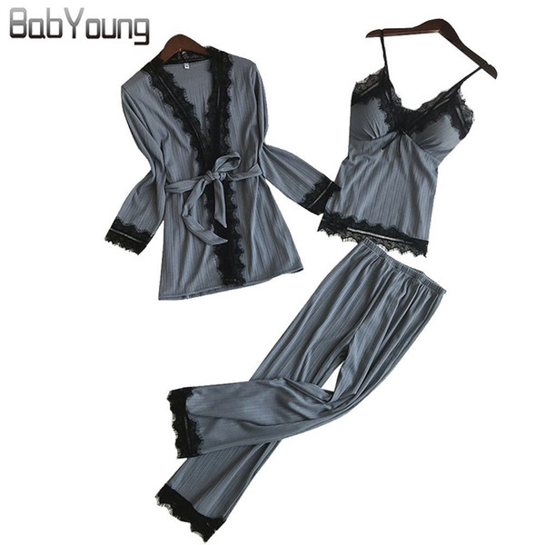 BabYoung New Women Pajamas Long Sleeve Pijama Mujer Cotton Patchwork Pyjama Femme Sexy Lace Camisole Robe Set Sleep PJ Nighty