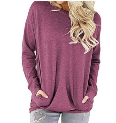 New 2018 Solid O-Neck Tee Shirt Women Long Sleeve Casual Pockets Blouses Female Plus Size Tops Femme Spring Loose Blouse