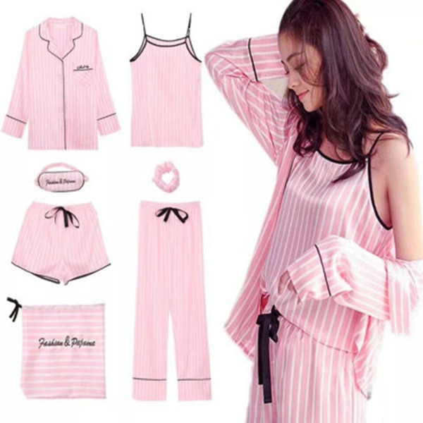 Pink Striped Pajamas Silk Satin Femme Pajama Set 7 Pieces Stitch lingerie Robe pyjamas Women Sleepwear pjs