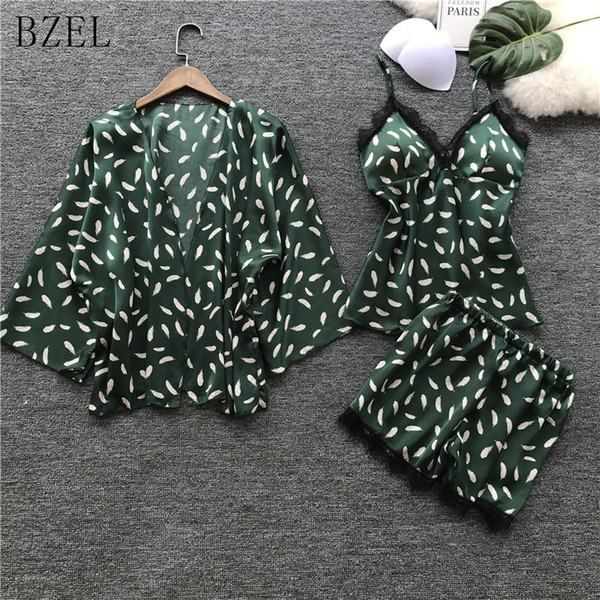 BZEL New Summer Women Pajamas Sets Sexy Silk Satin Sleepwear 3 Three Piece Set Nightwear Lingerie Underwear Sleepwear Pyjamas