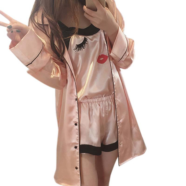 Women Sling Pajamas Sexy Silk Nightgown Long-sleeved Silk Female Cute Home Suit Pajama Sets 3 Pieces Pink