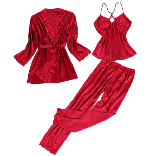 Female Sleepwear 2018 Spring Autumn Women Pijama Silk Pajamas for Women Pyjamas HIgh Quality 3Pieces Home Clothing Set