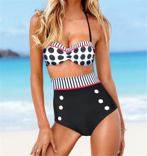 Sexy fashion swimwear women fashion The new European retro Swimsuit Cover belly hanging neck waist double wave swimwear bikinis