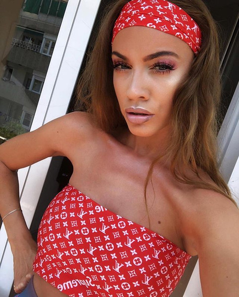 Luxury Brand Women Red Bikini 3 Pieces Set Fashion Brand Logo Bikini Swimwear with Headband Sexy Women Beach Bikini Top Quality