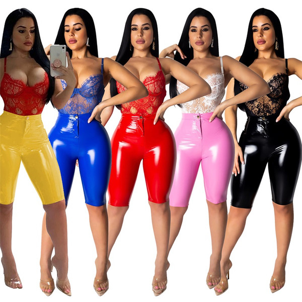 PU Leather Pants 5 Candy Colors Knee Length Sexy Legging High Elasticity Women Home Clothing Trousers 35cm E1
