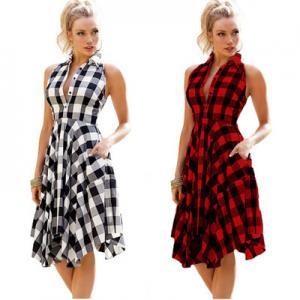 Flared Plaid Dress Vintage Dresses Summer Women Casual sleeveless Shirt Dress knee-length Turn-down Collar dresses home clothing GGA1549
