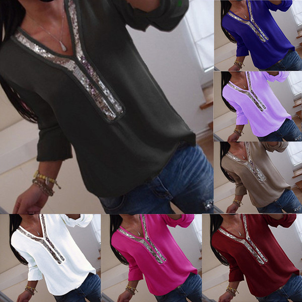 Women Sequin Patchwork V Neck Long Sleeve Chiffon Shirts 2019 Spring Summer New Casual Loose Solid Blouse Tops Female Big Size MMA1417
