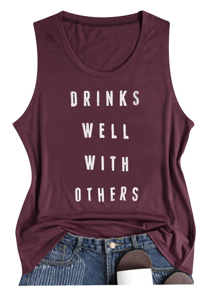 Women Top Tees Drinks Well With Others Tank Dark Grey Summer Casual Letter Printed Sleeveless Tank Tops Home Clothing HH9-2091