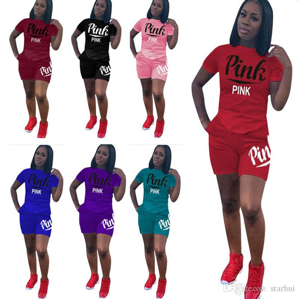 S-3XL LOVE PINK Women Shorts Outfit T Shirt+ Shorts Tracksuit Set Sportswear Designer 2018 Summer Home Casual Outfit Jogger Suits WX9-626