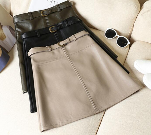 Home Clothing Winter A-Line PU Leather Skirt For Women High Waist Office Wear Skirts Plus Size Female Skirt with Belt