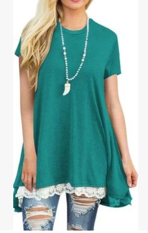 European and American women's new shirt short sleeve collar stitching lace T - shirt