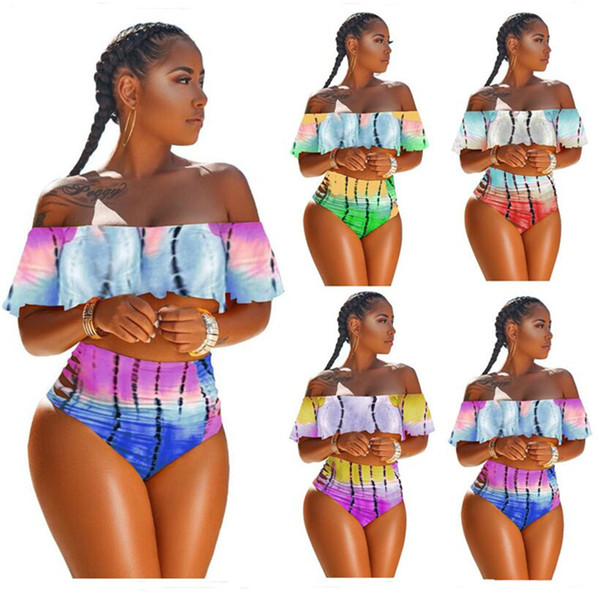 Women Flouncy Swimsuit Tie-dyed Strapless Top + Hipster 2 Piece Bikini Set Designer Swimwear Off Shoulder Falbala Ruffle Swimsuits A353