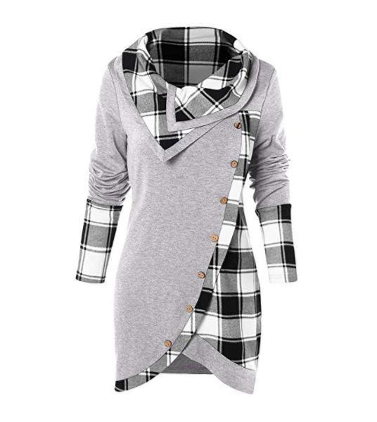 Skew Button Plaid Spliced Tulip Front T-shirt Women Casual Skew Collar Long Sleeve T shirt Ladies Clothes 10colors MMA1348 30pcs
