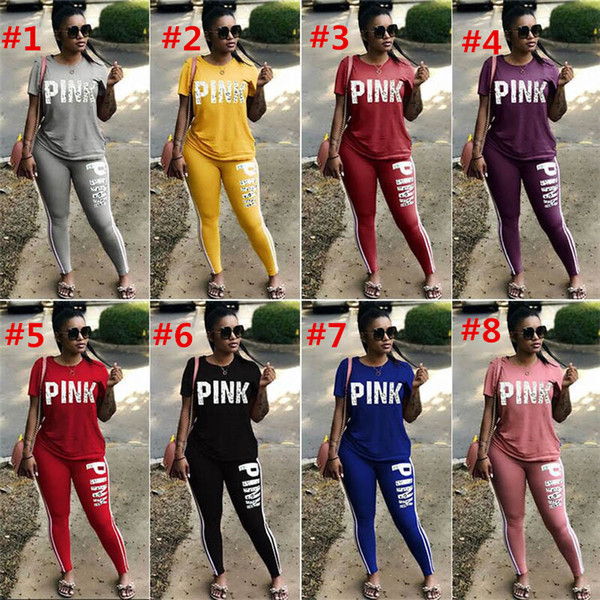 Pink Letter Tracksuit Short Sleeve Tshirt Tops Pants 2 Piece Women Set Outfit Outwear Girl Casual Tees Leggings Sportswear Clothing Suit 3XL