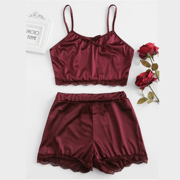Women Sleepwear Sleeveless Bow Lingerie Nightwear Seamless Lace Patchwork Trim Satin Top Pajama Set pijama mujer p1