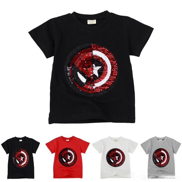 Spiderman Captain Heart Flipped Sequin Kids T shirts 4 Colors Boys 100% Cotton T-shirts kids Clothes Magic Discolora 100pcs