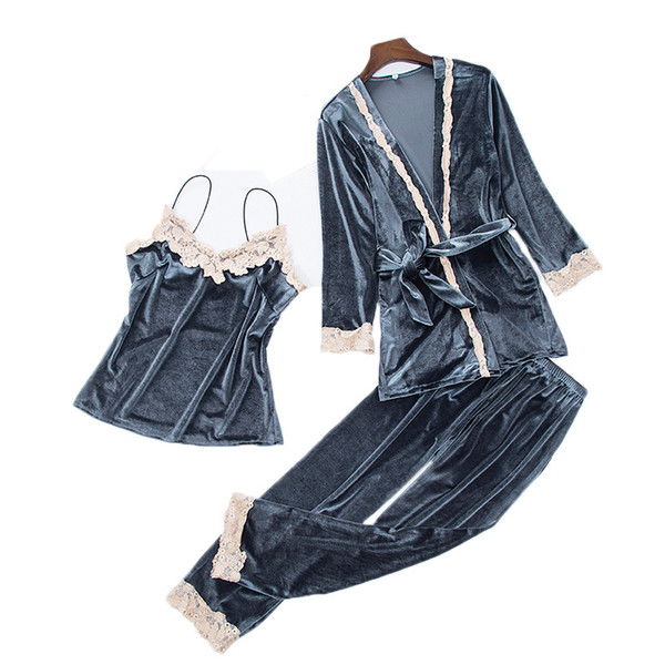 New Arrival Velvet pajamas for women long sleeve sexy lace sleepwear set casual sweet girl's nightwear pijama 3 pcs pyjamas suit