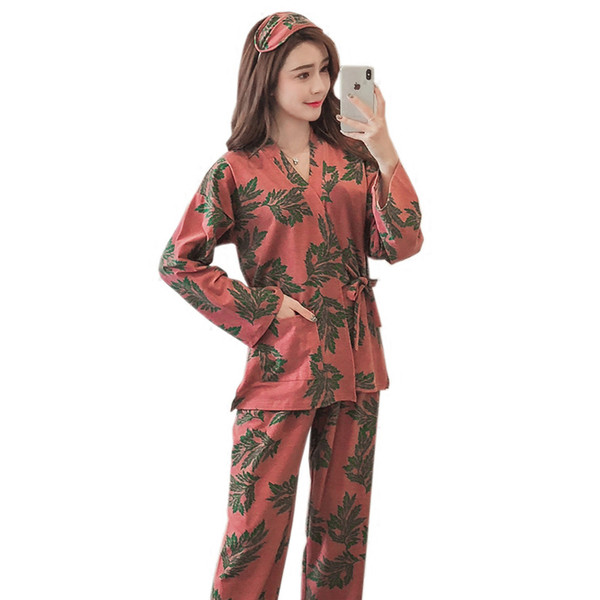 Cotton kimono Woman pajamas set Leaves Printing Female trousers+Night gown Autumn Winter Home Wear Clothing Pyjama 2 Pieces Suit