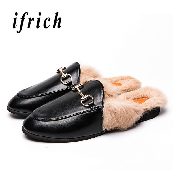 Winter Warm Mens Shoes 2018 Casual With Fur Half slippers Men Slip-on Male Indoor Slippers Anti-Slip House Flats Men