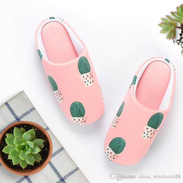 Home Women Slippers Cactus Printed Mute Non-slip Soft Cotton Slipper Winter indoor Shoes For Ladies Female