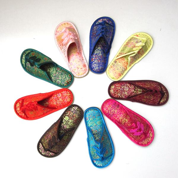 Chinese knot Silk Satin Women's Home Slippers Indoor Rubber Bottom Ladies Slippers 1pair