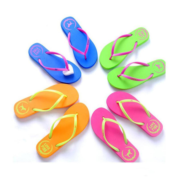 7 Colors Girls Pink Flip Flops Love Pink Sandals Pink Letter Beach Slippers Shoes Summer Soft Beach Slipper 2pcs/pair