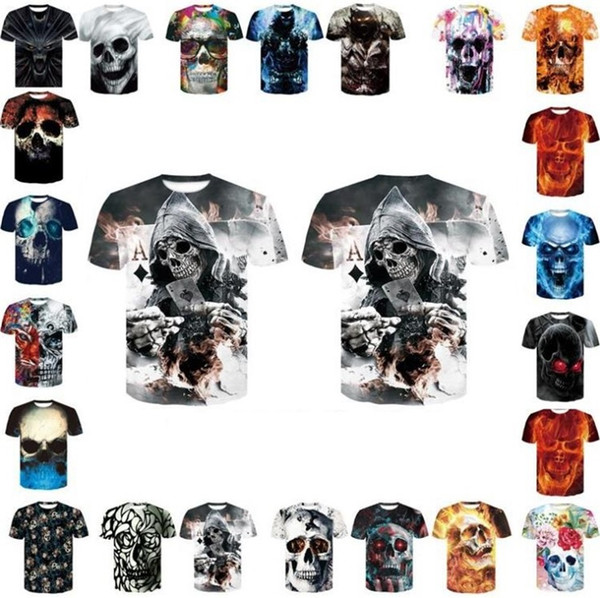 Hot black and white skull T-shirt Round neck short sleeve Digital print T-shirt Men's shirt T8B007