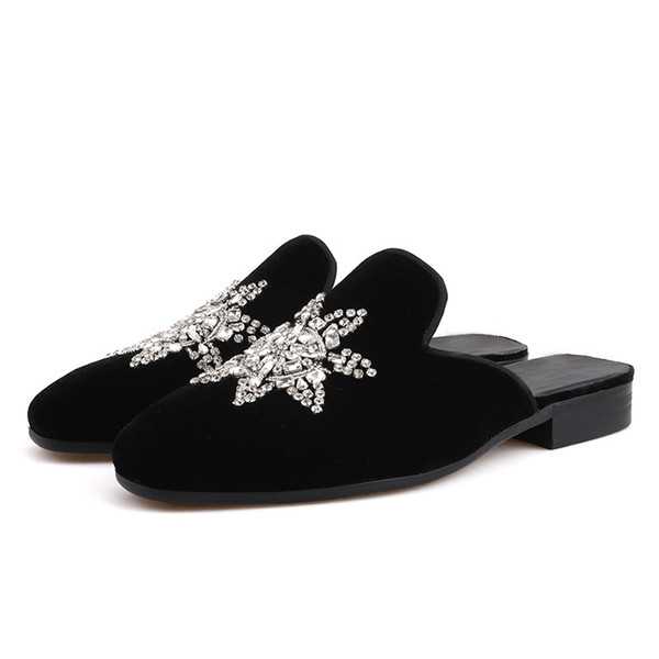 Hot Men's Summer High Fashion Flock Cowhide Leather Crystal Banquet Party Slipper Male Dress Wedding Shoes Man Handmade Slippers