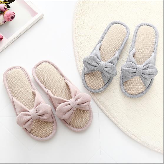 Bow linen slippers women Japan spring and autumn cool home non-slip indoor cotton slippers