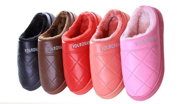 2018 Autumn and Winter Plush Warm Cotton Slippers Men and Women Couple Indoor Waterproof Non-Slip Home Thick-Soled Shoes PU Fur Slippers