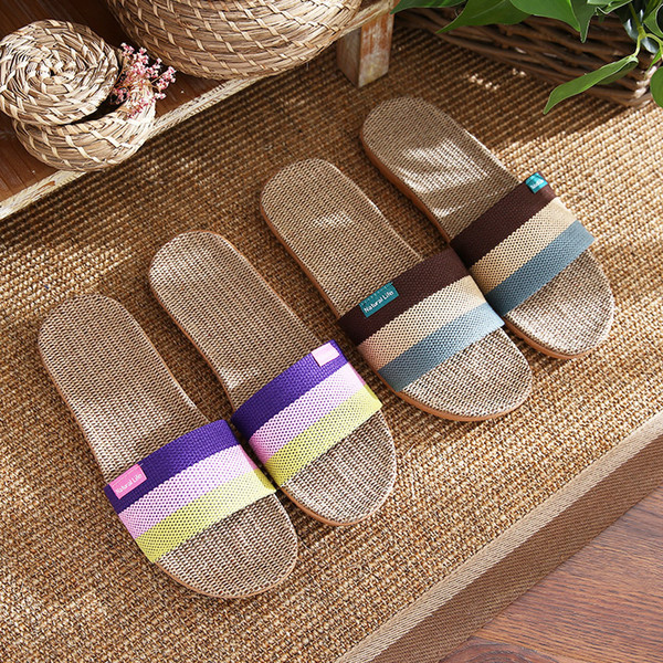 Home Flax Slippers Female Summer Stripes Indoor Couples Anti Slip Shoes Soft Bottom Autumn Winter Wood Floor Shoes Cool Slippers.