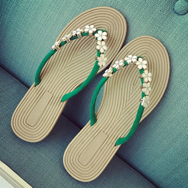 Summer Thong Slippers Flat Lady Shoes Flower Decoration Women Beach Flip Flops - Green