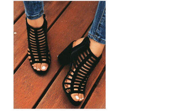 New Rough-heeled Hollow Laser High-heeled Shoes for European and Am erican Foreign Trade in 2019 Roman sandals are full of women's shoes