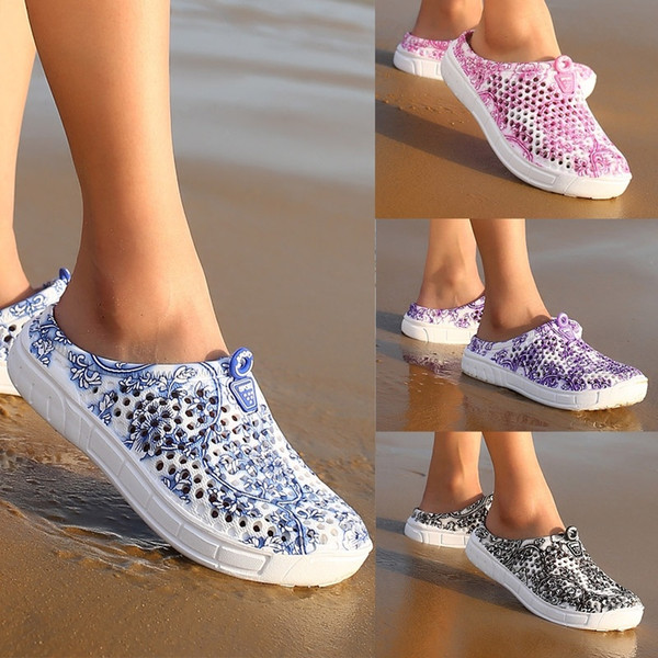 Blue and white Porcelain Printed Women Summer Beach Sandals Hollow-out Shoes Casual Breathable slippers Slip-on Flats Shoes